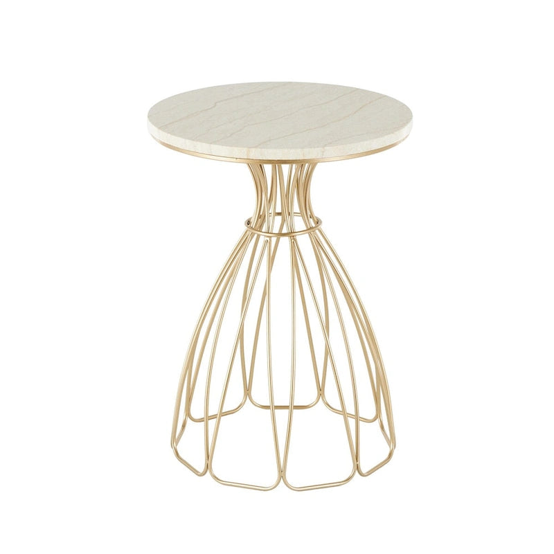 Tavolino d'appoggio/laterale con ripiano in marmo crema, ispirato a un fiore di metallo - Oro - Roche River Decor
