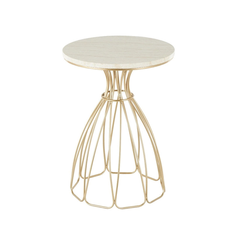 Tavolino d'appoggio/laterale con ripiano in marmo crema, ispirato a un fiore di metallo - Oro - Roche River Decor