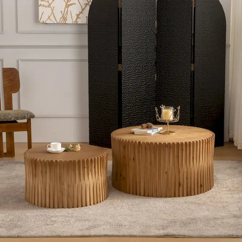 Set di Tavolini da Caffè con Design Goffrato a Rilievo Verticale per Soggiorno (Set da 2)