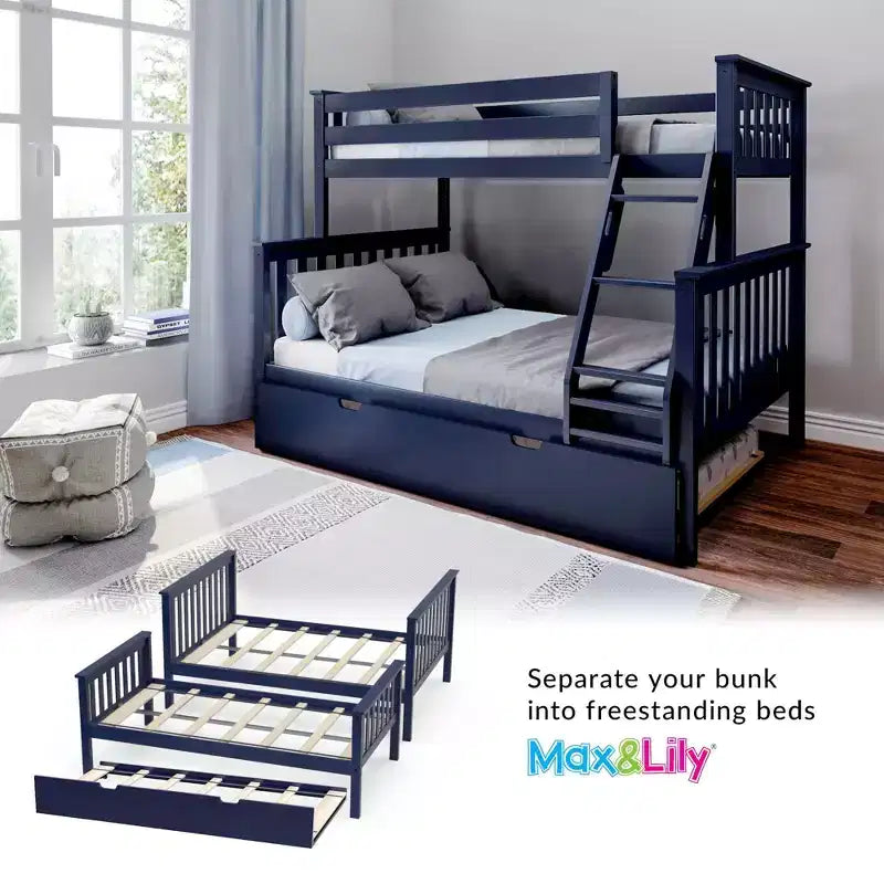 Max & Lily Solid Wood Bunk Bed, Twin over Full with Storage Trundle and Ladder for Kids