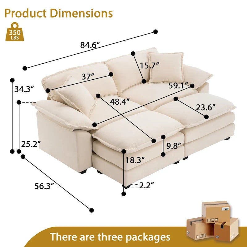 2-seater sofa with 2 cushions, 2 pillows and 2 ottomans, comfortable sofa - Living room deep sofa, modular sofa