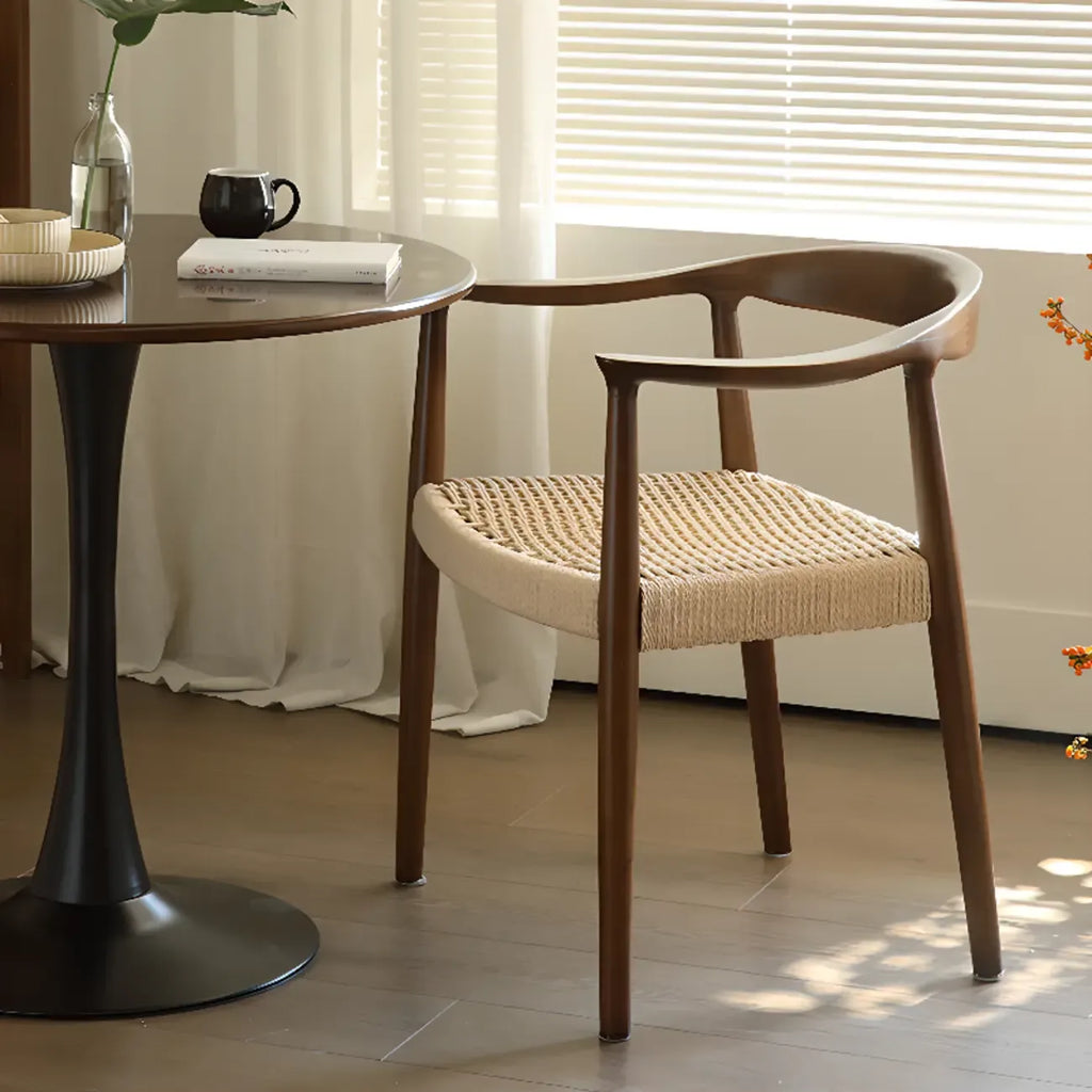 Scandinavian Curved Wood Woven Seat Armrest Dining Chair