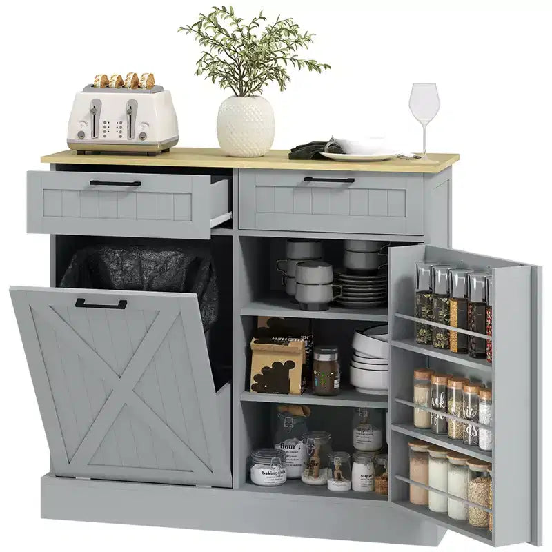 HOMCOM Tilt Out Trash Can Cabinet with Drawers, Farmhouse Kitchen Cabinet with Hidden Trash Can for Kitchen