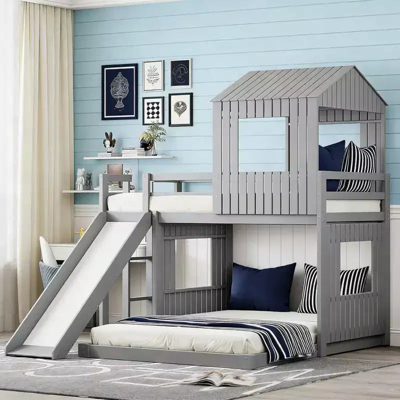 Luxystar Twin Over Full Wood Bunk Bed with Playhouse, Slide and Guardrails