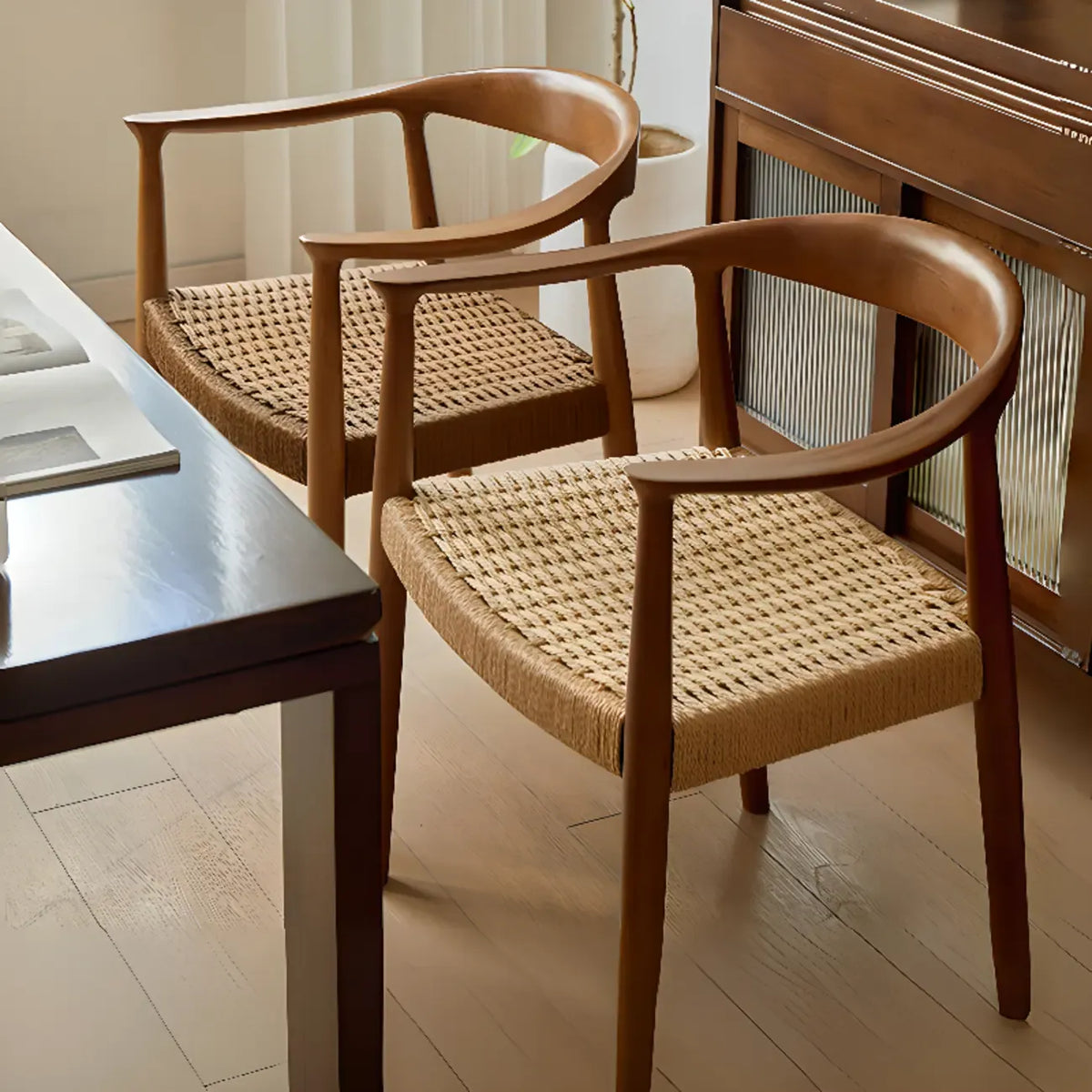 Scandinavian Curved Wood Woven Seat Armrest Dining Chair