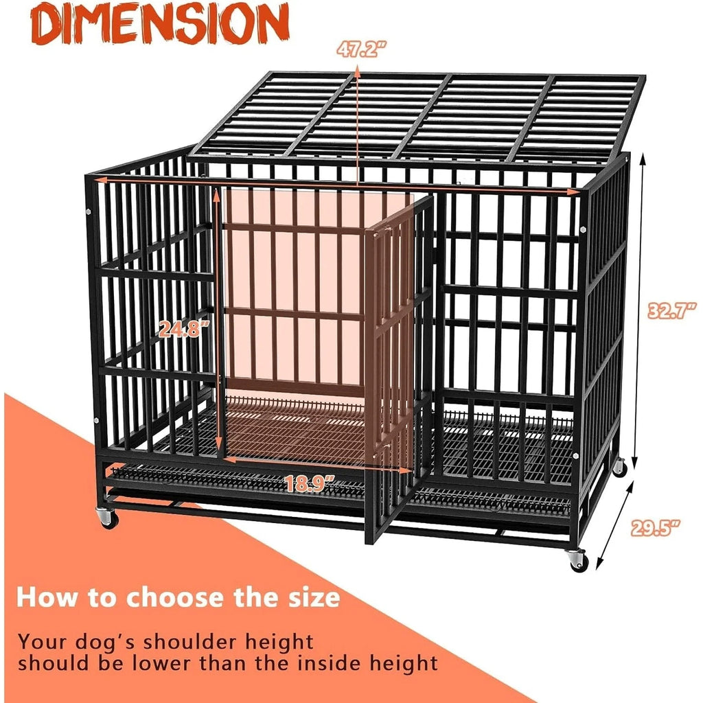 BOSSIN 48/38 inch Heavy Duty Indestructible Dog Crate, Escape Proof Dog Cage Kennel with Lockable Wheels